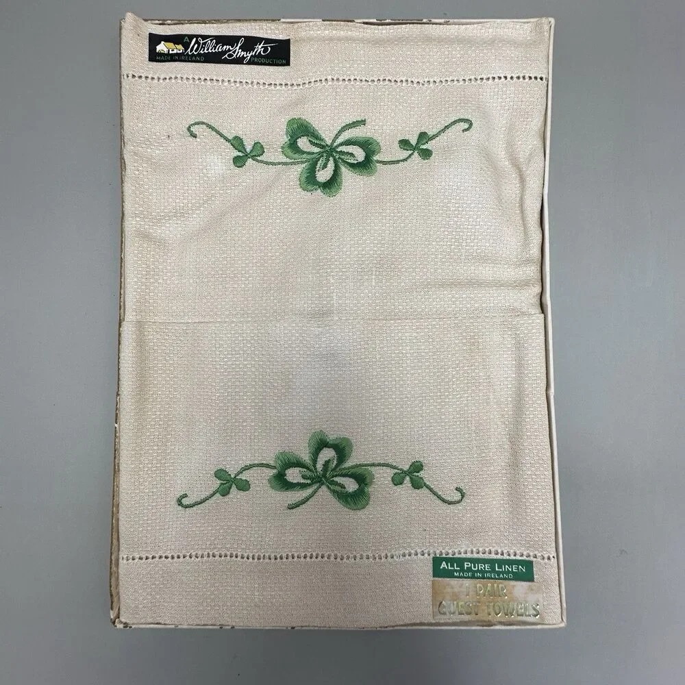 Vtg William Smyth Irish Linen Shamrock Drawn Thread Guest Towels Orig Box